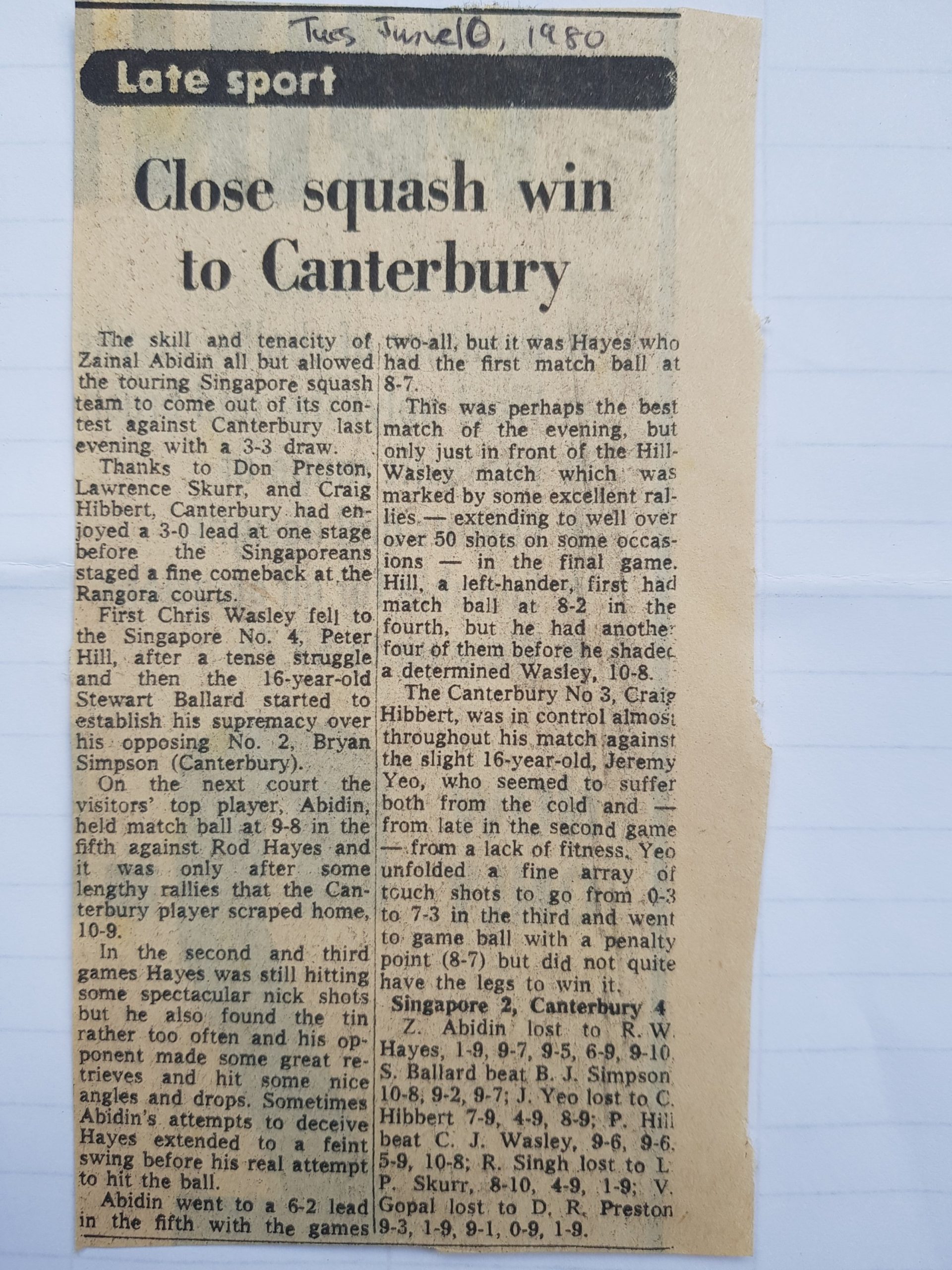 1980 Close squash win to Canterbury v Singapore