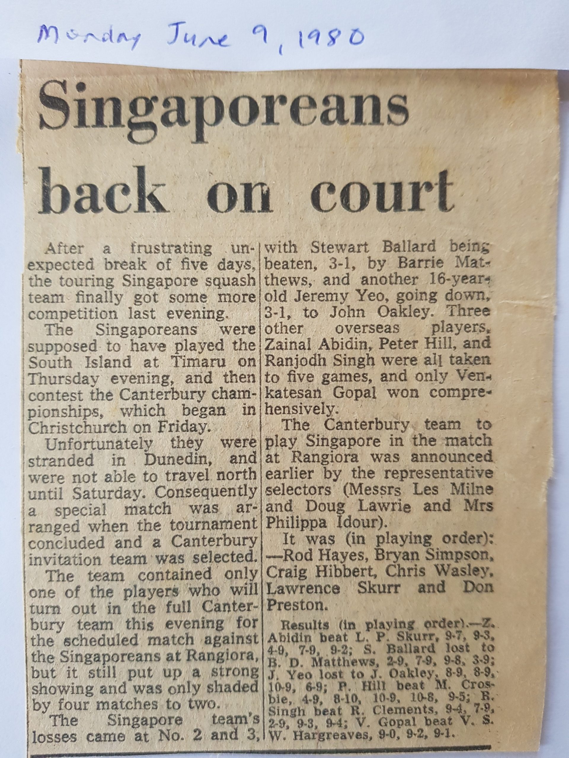 Singapore v Canterbury invitation team 1980