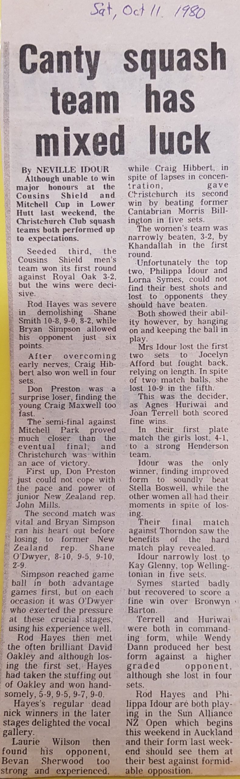 Christchurch teams at Cousins Shield and Mitchell Cup, 1980