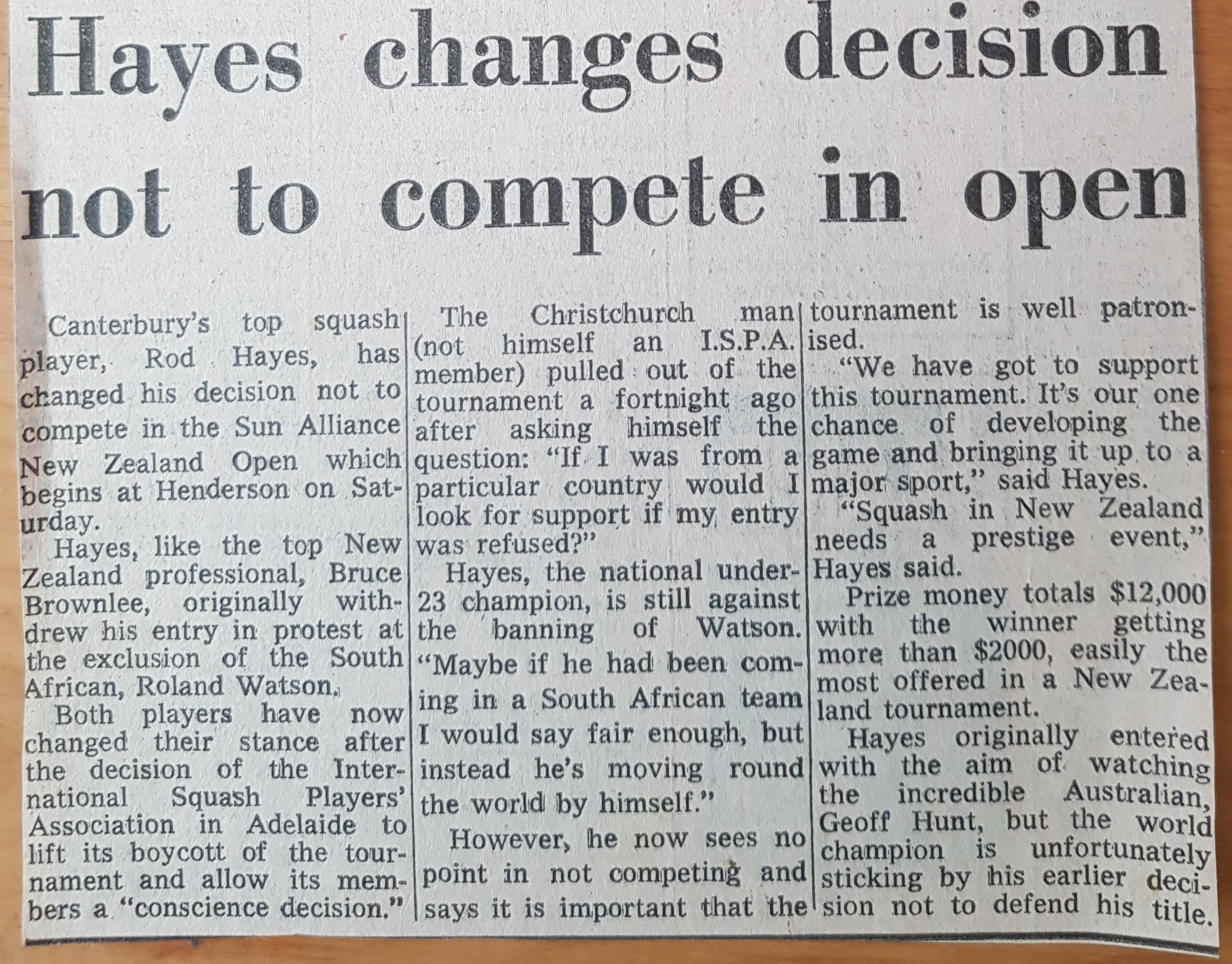 Hayes to compete in NZ squash Open 1980