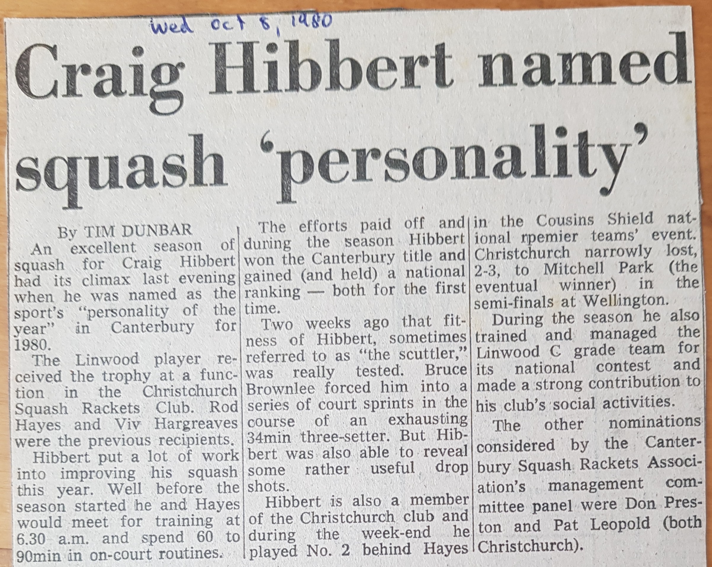 Craig Hibbert Canterbury squash personality October 1980