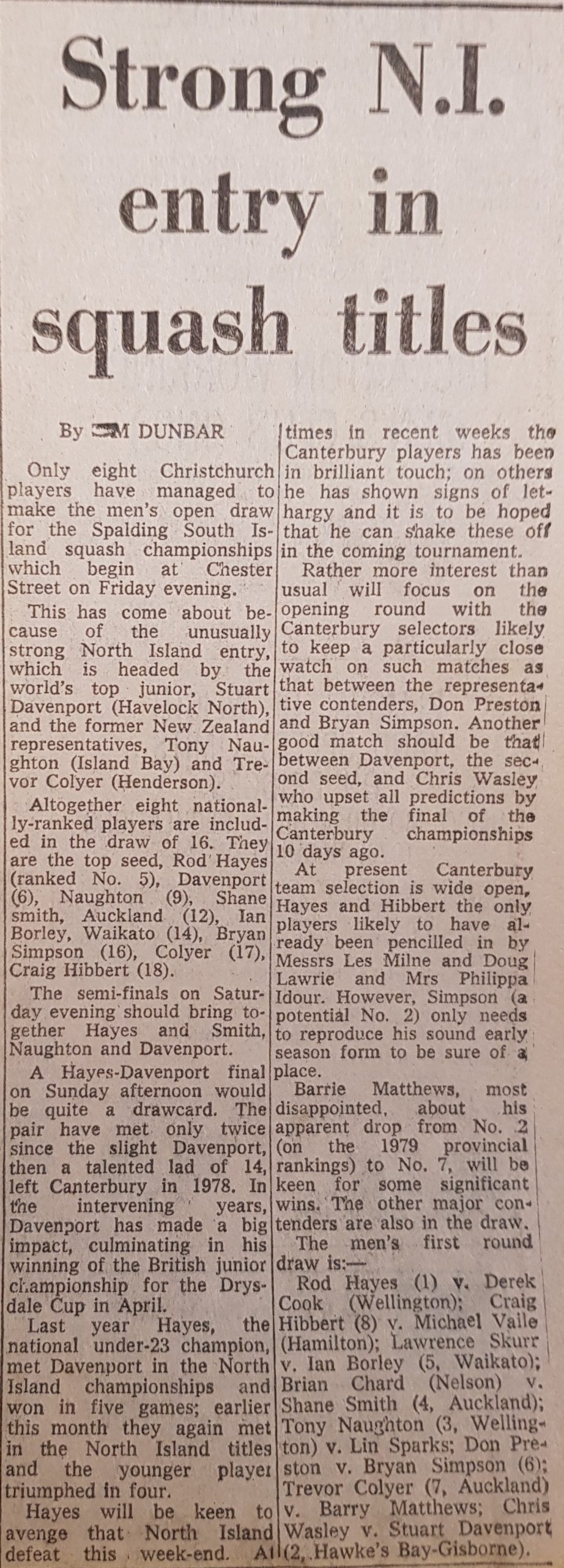 South Island squash championships, 1980