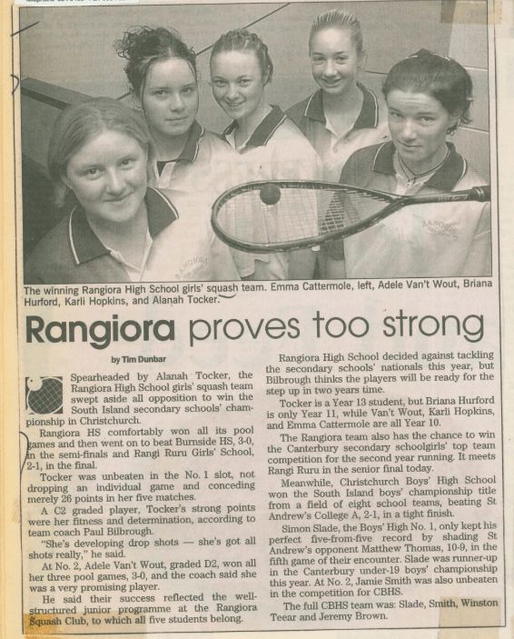The winning Rangiora High School girls’ squash team. Emma Cattermole, left, Adele Van’t Wout, Briana Hurford, Karli Hopkins, and Alanah Tocker.